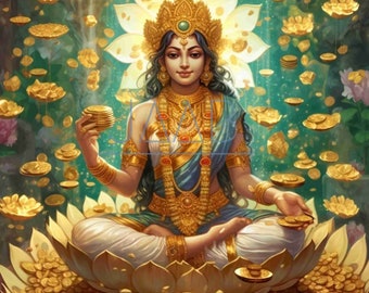Lakshmi, Hindu Goddess of Wealth, Prosperity and Well Being, Auspisious - for Printable Art Work  - Digital Download