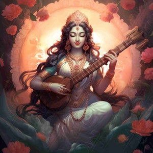 Saraswathi |  Shaaradha, Hindu Goddess of Wisdom, Knowledge and Arts, playing Veena - for Printable Art Work  - Digital Download