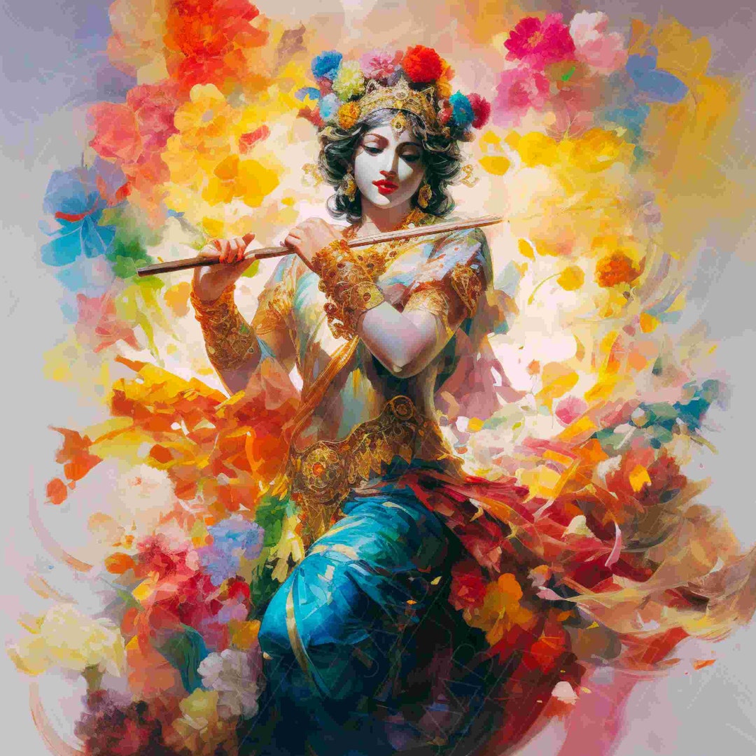 Krishna, Hindu God, With Flute for Printable Art Work Digital Download