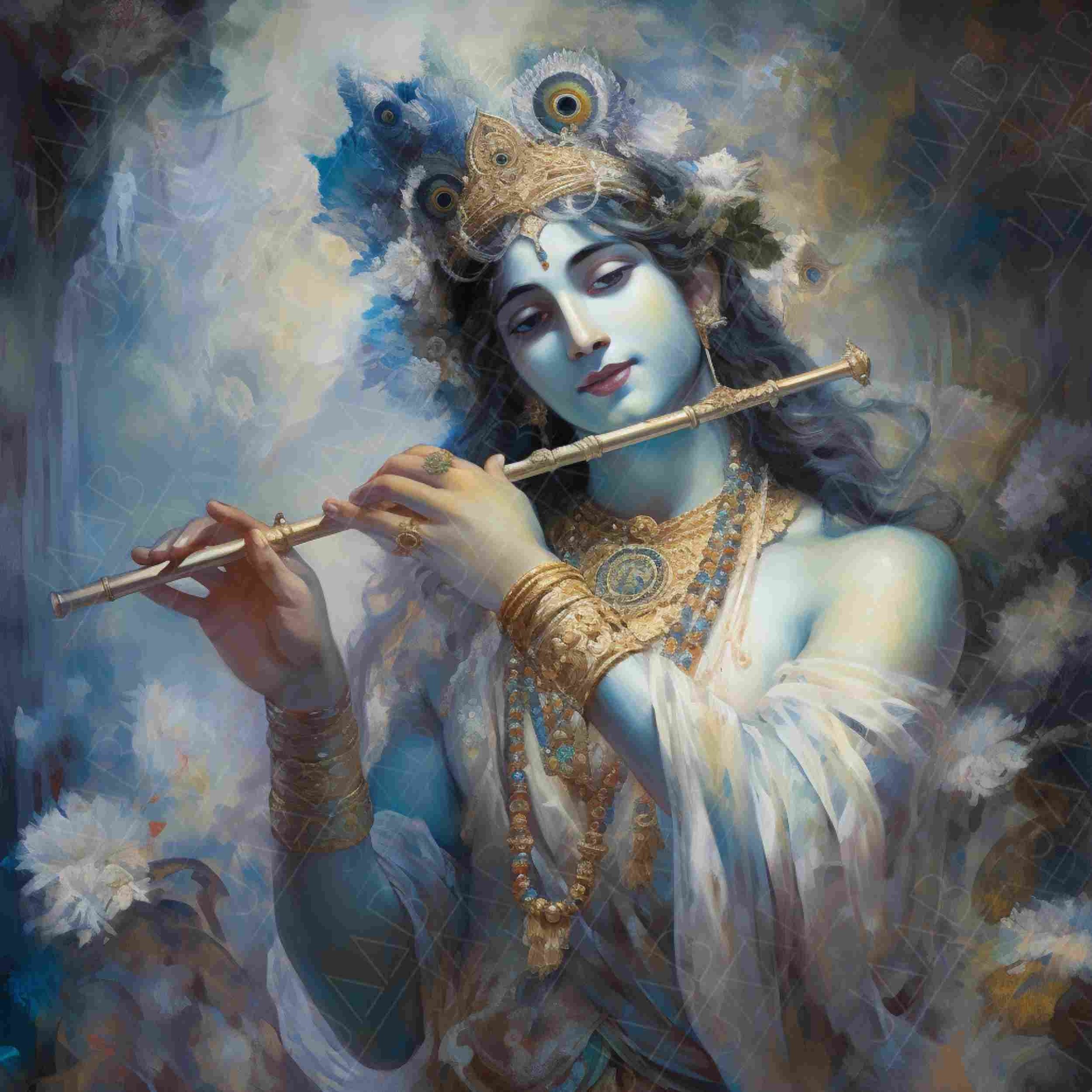 Krishna, Hindu God, With Flute for Printable Art Work Digital Download