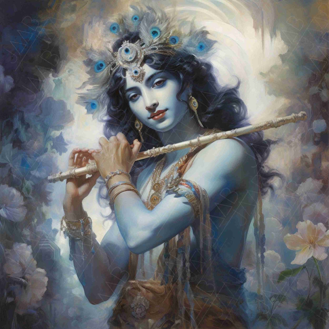 Krishna, Hindu God, With Flute for Printable Art Work Digital Download