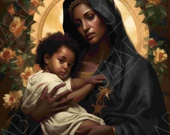 Nero, afroamericano, Chiesa, Madre Maria e Gesù Cristo - per opere d'arte stampabili - Download digitale
