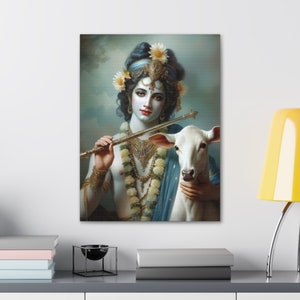 Krishna, Hindu God, with flute - Canvas Gallery Wraps