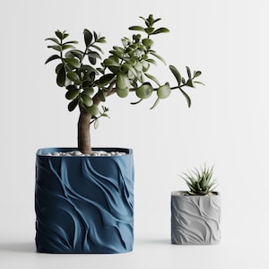 May include: Two decorative plant pots, one large and one small, with a wave-like textured design. The larger pot is a deep blue and holds a jade plant. The smaller pot is grey and contains a succulent.