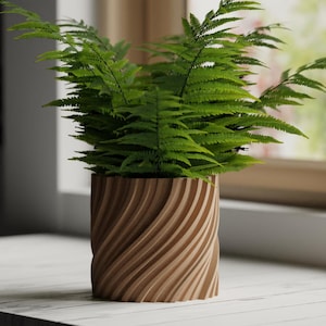 Può includere: Una pianta di felce verde in un vaso di legno con un design a spirale. Il vaso è di colore marrone chiaro e poggia su una superficie bianca. La pianta ha molte piccole foglie verdi.