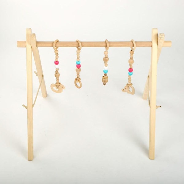 Wooden Baby Play Gym with 4 Toys set / Activity Baby Gym and Baby Gift  / Foldable Wood Play Gym Frame /Natural, Activity Gym / Newborn Gift
