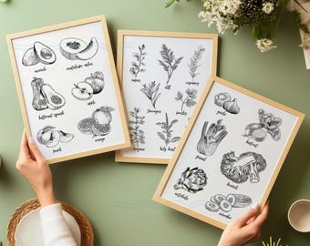 Rustieke keukenmuurkunst, set van 3 prints: fruit, groenten, kruiden, digitale download