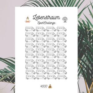 Könnte beinhalten: Eine Schwarzweißillustration einer Person, die meditiert, eines Baumes und eines Geldbeutels. Der Text "Lebenstraum SparChallenge" ist in Schwarz geschrieben. Es gibt 20 Reihen mit jeweils 4 Schwarzweißillustrationen von Lieferwagen. Die Zahl 4000 steht unter den Lieferwagen.