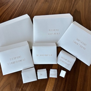 May include: A set of white envelopes with different messages written on them. The messages include "Roses are red, Violets are blue", "It is top secret, It is ready to come out", "But I'm not ready to say", "There's a secret I haven't told you", "Should we save it for another day?", "I...", "Am...", and "Pregnant!"