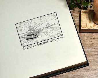 Exlibris. Bibliothek Stempel. Personalisierter Stempel. Design Van Goghs Fischerboote. Für Buchliebhaber. Geschenk für Buchliebhaber. Stempel Geschenk.