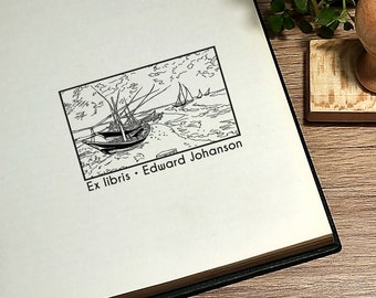 Van Gogh Fishing Boats Ex Libris Stamp - Personalized Library Stamp
