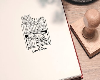 Personalized Book Stamp: Cat, Books & Bookcase Ex Libris