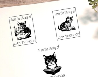 Personalisierter Bibliothek Stempel: Katze mit Bücher, Ex Libris Geschenk