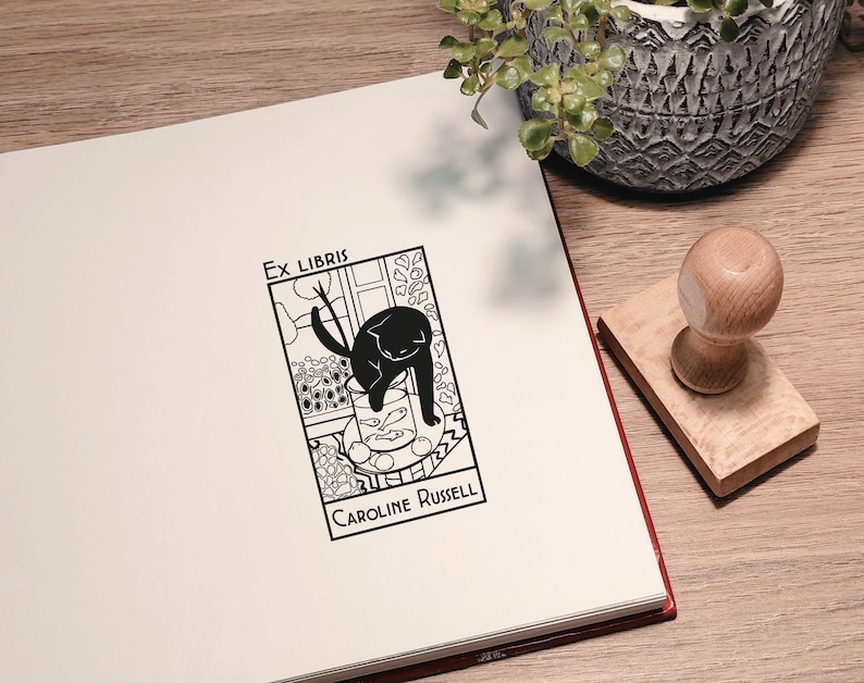 Personalized Ex Libris Stamp: Matisse Cat Design, Library Book Stamp image 2