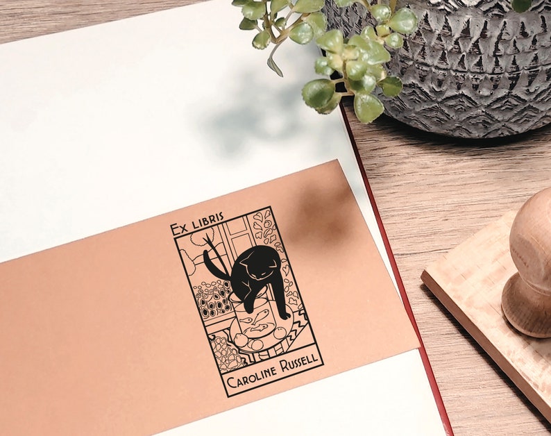 Personalized Ex Libris Stamp: Matisse Cat Design, Library Book Stamp image 3
