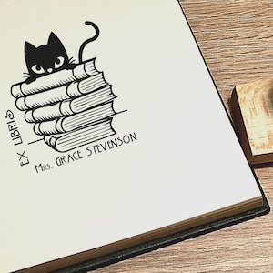 Ex Libris. Library stamp. Personalised Library Stamp. Cat stamp with books. For book lovers. Gift for book lovers. Stamp gift . Book Ends image 4