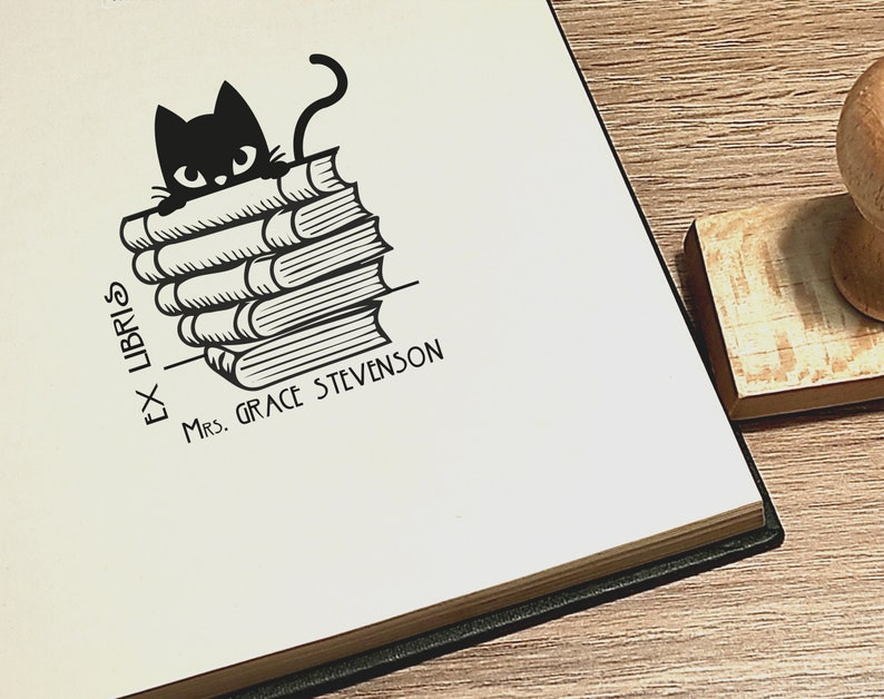 Ex Libris. Library stamp. Personalised Library Stamp. Cat stamp with books. For book lovers. Gift for book lovers. Stamp gift . Book Ends image 4