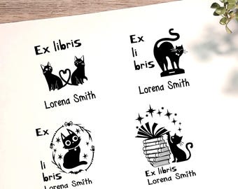 Personalisierter Ex Libris Stempel: Katze mit Büchern, Bibliothek Stempel