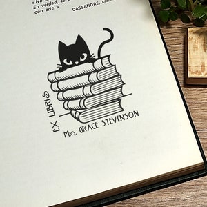 Ex Libris. Library stamp. Personalised Library Stamp. Cat stamp with books. For book lovers. Gift for book lovers. Stamp gift . Book Ends image 1