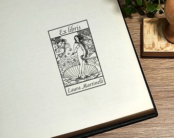 Ex libris. Timbro della biblioteca. Timbro della biblioteca personalizzato. Disegno Venere de Boticcelli. Amanti dei libri. Regalo per gli amanti dei libri. Regalo di francobollo.