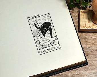 Exlibris. Sello de biblioteca. Sello de biblioteca personalizado. Diseño inspirado en el gato/negro de Matisse. Amantes de los libros. Regalo para amantes de los libros. Regalo de sello.