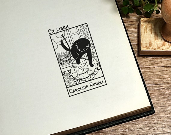 Personalized Ex Libris Stamp: Matisse Cat Design, Library Book Stamp