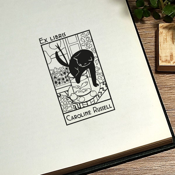 Ex Libris. Library stamp. Personalised Library Stamp. Design inspired by Matisse's cat/black. Book lovers. Gift for book lovers. Stamp gift.