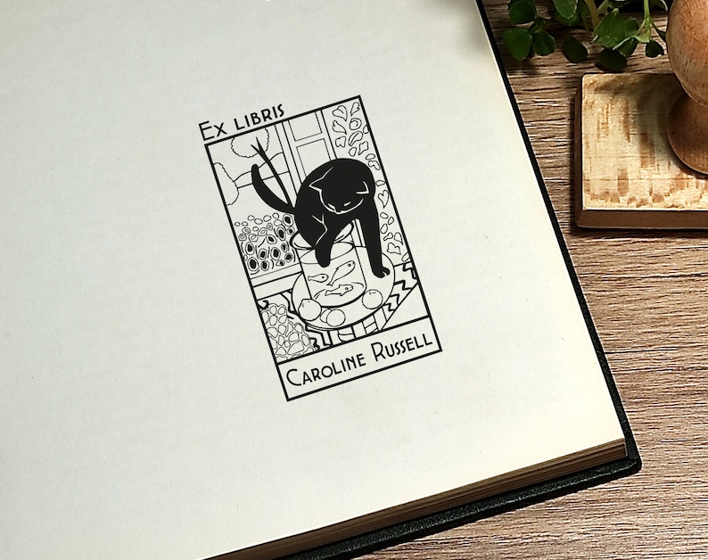 Personalized Ex Libris Stamp: Matisse Cat Design, Library Book Stamp image 1