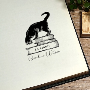 Ex Libris. Library stamp. Personalised Library Stamp. Cat with books. Book lovers. Gift for book lovers. Stamp gift. image 1