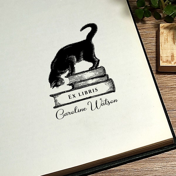 Exlibris. Bibliothek Stempel. Personalisierte Bibliothek Stempel. Katze mit Büchern. Buchliebhaber. Geschenk für Buchliebhaber. Stempel Geschenk.