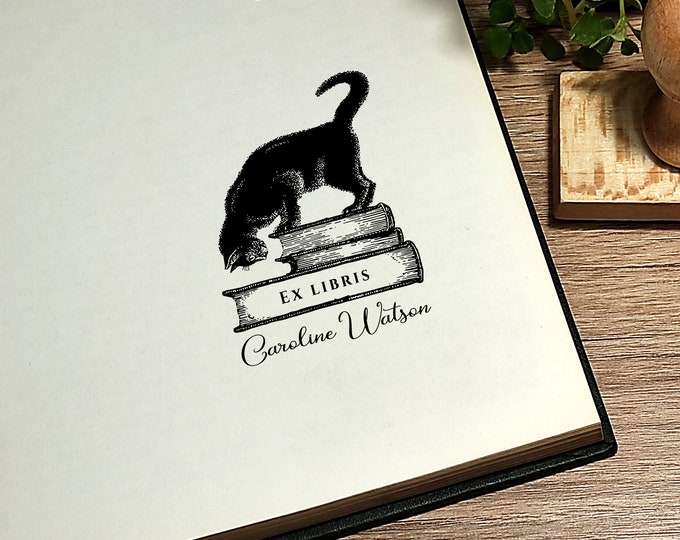Personalized Ex Libris Stamp: Cat with Books, Library Stamp