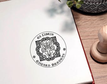Personalized Ex Libris Stamp: Nordic Wolf Library Stamp