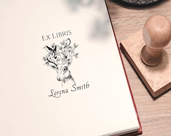 Personalized bookplate. Book stamp with deer and birds