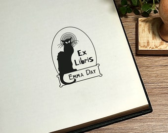 Personalisierter Ex Libris Stempel: Chat Noir Bibliothek Stempel