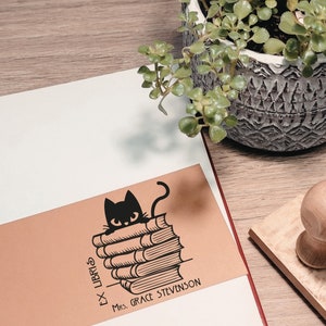 Ex Libris. Library stamp. Personalised Library Stamp. Cat stamp with books. For book lovers. Gift for book lovers. Stamp gift . Book Ends image 3