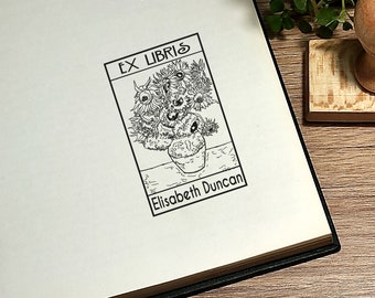 Ex-libris. Cachet de la bibliothèque. Timbre personnalisé. Dessinez les tournesols de Van Gogh. Pour les amoureux des livres. Cadeau pour les amoureux des livres. Cadeau de timbre.