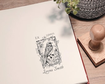 Personalized Ex Libris Stamp: Bird and Flowers Library Stamp