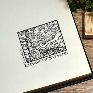 Ex Libris. Cachet de la bibliothèque. Tampon personnalisé. Conception La nuit étoilée de Van Gogh. Pour les amateurs de lecture. Cadeau pour les amateurs de lecture. Cadeau de timbre.