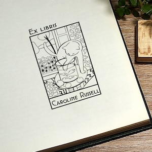 Ex Libris. Cachet de la bibliothèque. Tampon de bibliothèque personnalisé. Design inspiré du chat/blanc de Matisse. Amateurs de livres. Cadeau pour les amateurs de lecture. Cadeau de timbre.