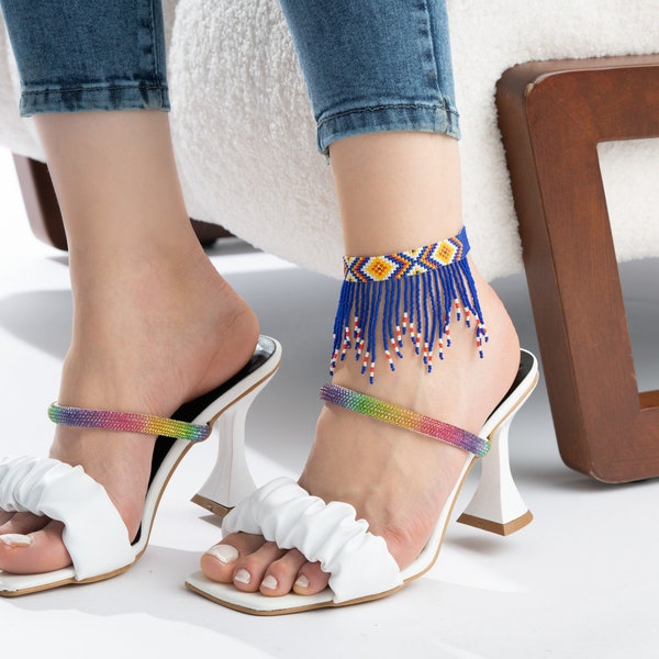 Native American Beaded Fringe Anklet For Women, Boho Ankle Bracelet, Chevron Tribal Jewelry, Aztec Ethnic Woven Cuff, Yellow Red White Blue