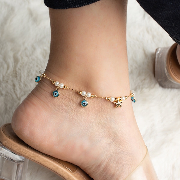 Dangle Evil Eye&Pearl Anklet With Starfish Charm, Gold Single Ball Chain Anklet, Summer Feet Jewelry For Women, Sexy Impressive Beach Anklet