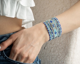 Mayan Miyuki Beaded Bracelet Stack, Wide Multi Layer Seed Bead Cuff For Women, Sparkly Silver Blue Bead Woven Armband, Boho Ethnic Jewelry