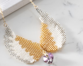 Miyuki Beaded Angel Wings Necklace: Swarovski Crystal Heart