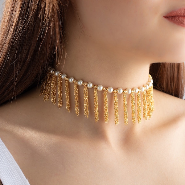 Gold Chain Fringe Choker Necklace In Pearl, Waterfall Collar For Women, Multi Dangly Tassel  Necklace, Statement, Boho Chic Street Style