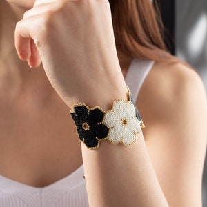 Miyuki Beaded Wide Flower Bracelet, Black White Roses Design Large Cuff, Bead Loom Bracelet, Floral Woven Bead Wristband, Gift For Sister