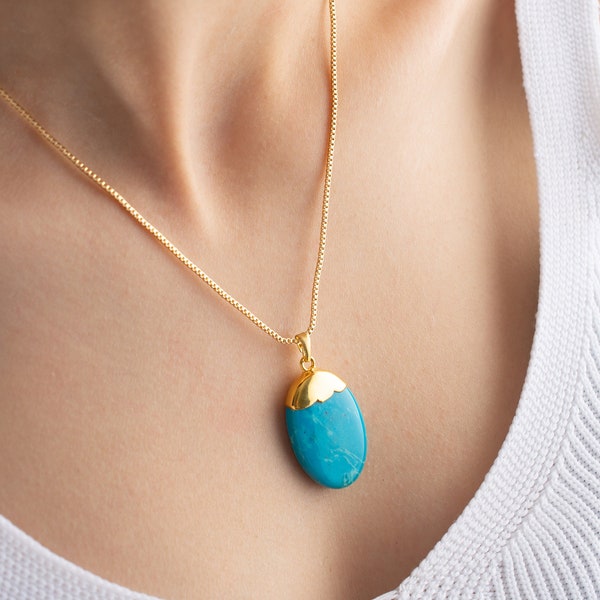 Gold Turquoise Gemstone Necklace For Women, Large & Oval Geniune Turquoise Pendant, Natural Boho Blue Necklace, Turquoise Jewelry, Gift Her