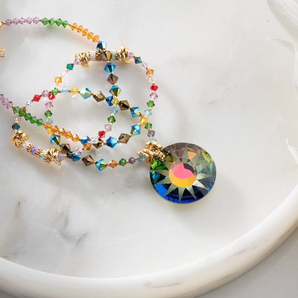 Swarovski Crystal Sunshine Necklace, Green Sunburst Medallion For Women, Aurora Borealis, Party Jewelry, Multi Color, Rainbow, Gift For Her