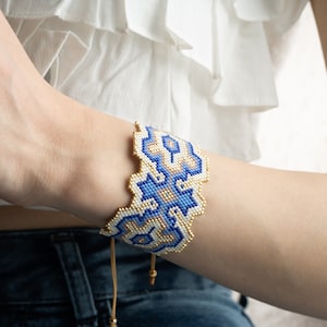 Large Boho Cuff Bracelet For Women, Woven Miyuki Blue White Bead, Wide Unique Jewelry, Statement, Tatted Trendy Wristband, Adjust Armband
