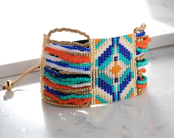 Southwest Style Miyuki Perlen Armband Stack, Western Cowgirl Schmuck, Blau Orange Multi Layer Rocailles Perlen Manschette, Boho Chic, Handgemacht, Geschenk Sie