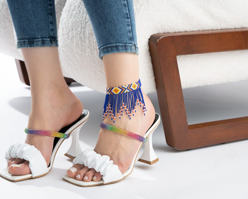 Native American Beaded Fringe Anklet For Women, Boho Ankle Bracelet, Chevron Tribal Jewelry, Aztec Ethnic Woven Cuff, Yellow Red White Blue image 1